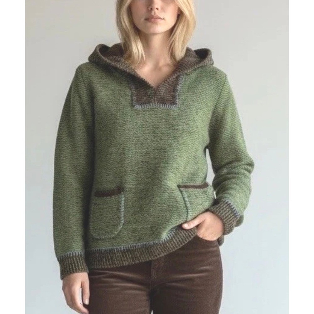 Nua Hoodie Sweater Irish Knit Womens‎ Medium Green Brown Merino Wool Silk Blend